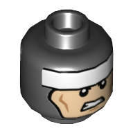 Minifig Head Batman, Dual Sided Balaclava, White Stripe on Forehead, Cheek Lines, Smirk / Clenched Teeth Print [Hollow Stud]