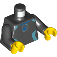 Torso Wetsuit, Blue Logo and Light Blue Lines / Silver Zipper with Cord Back Print, Black Arms, Yellow Hands