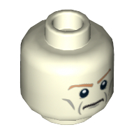 Minifig Head Aldrich Killian, Dual Sided, Medium Nougat Eyebrows, Gray Wrinkles, Determined / Angry with Red Eyes and Protruding Veins Print [Hollow Stud]