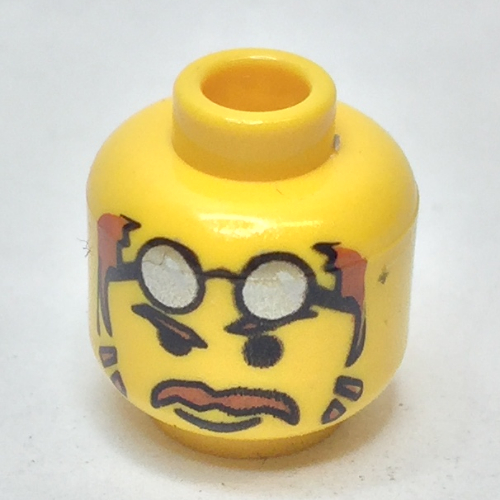 Minifig Head Docs / Cameraman, Moustache Brown Hair, Glasses on Forehead, Raised Eyebrow Print [Blocked Open Stud]