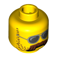 Minifig Head Motorcycle Mechanic, Moustache Brown Bushy, Stubble and Silver Sunglasses Print