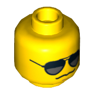 Minifig Head Hero, Black and Silver Sunglasses, Chin Dimple, Grim Mouth Print [Hollow Stud]