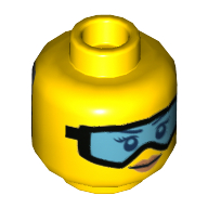 Minifig Head Engineer, Peach Lips, Light Blue Goggles and Smile / Covered with Dirt Print