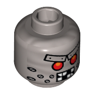 Minifig Head Wiley Fusebot, Red Eyes, Metal Eyebrows with Rivets, Broken Teeth and Stubble Bolts Print [Hollow Stud]