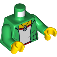 Torso Jacket Open over Red and Light Green Top with Necklace Print, Green Arms, Yellow Hands