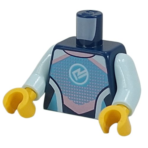 Torso, Wetsuit, Bright Light Blue/Lavender/Light Aqua Shapes, White Symbol, Zipper on Back print, Light Aqua Arms, Yellow Hands